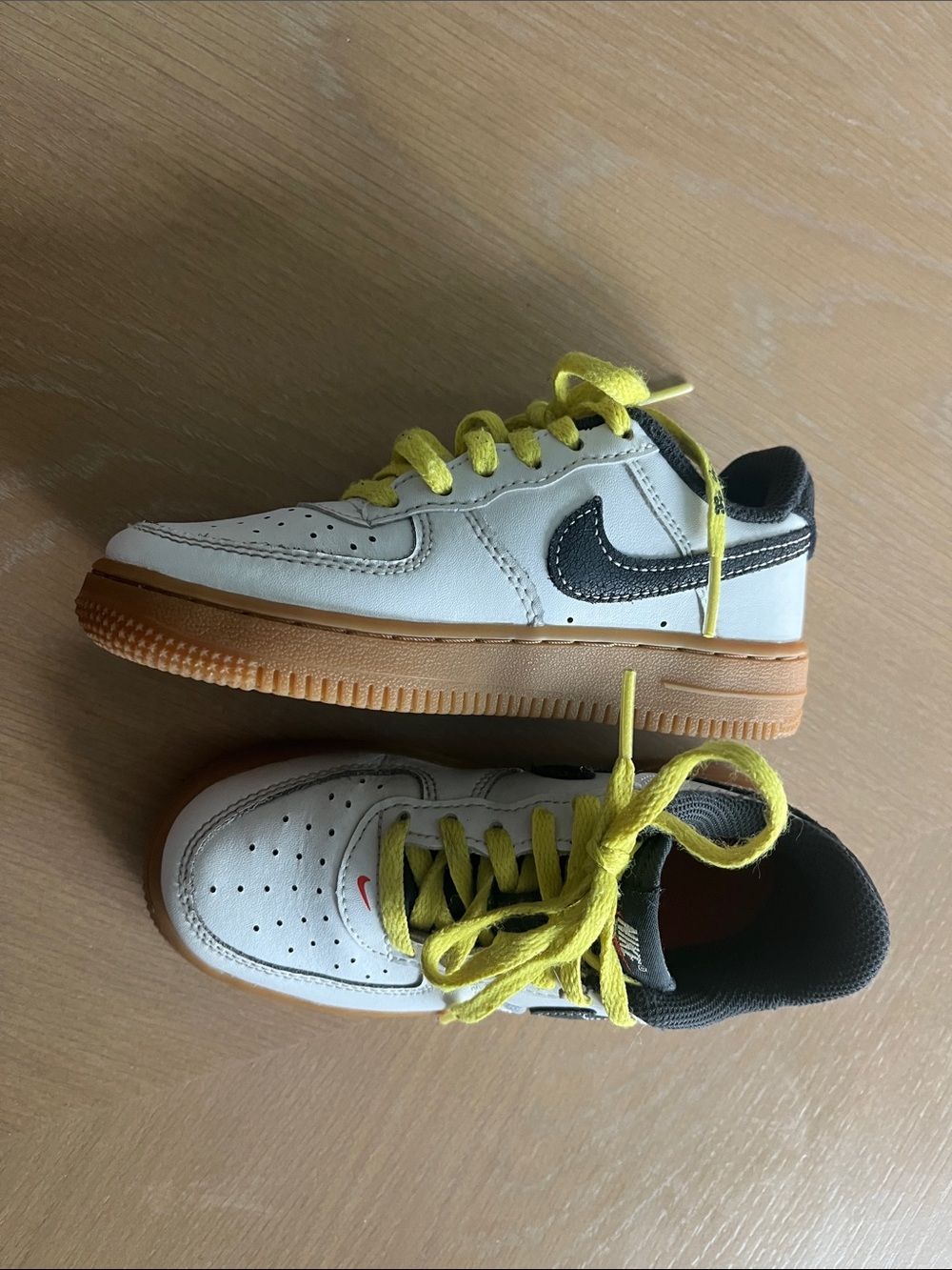 Nike Kids White Sneakers with Yellow Laces and Gum Sole